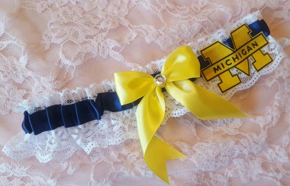 University of Michigan Wolverines UM Inspired Wedding Garter Belt Toss or  Set W/ White Lace Navy Blue Yellow
