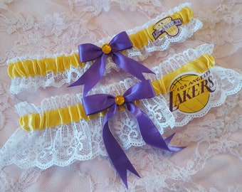 LA Lakers Inspired Wedding Garter Belt Set w/ White Lace