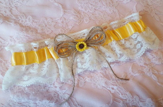 Daffodil Yellow Sunflower & Ivory Lace Wedding Garter Belt Toss or Set Twine Vintage Rustic Daffodil Yellow Sunflower & Ivory Lace Wedding Garter Belt Toss or Set Twine Vintage Rustic