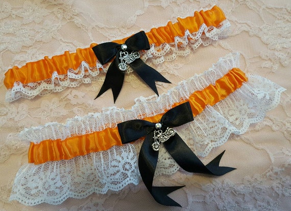Harley Davidson Inspired Biker 2pc Wedding Garter Belt Set W/ White Lace &  Stud Orange and Black Toss