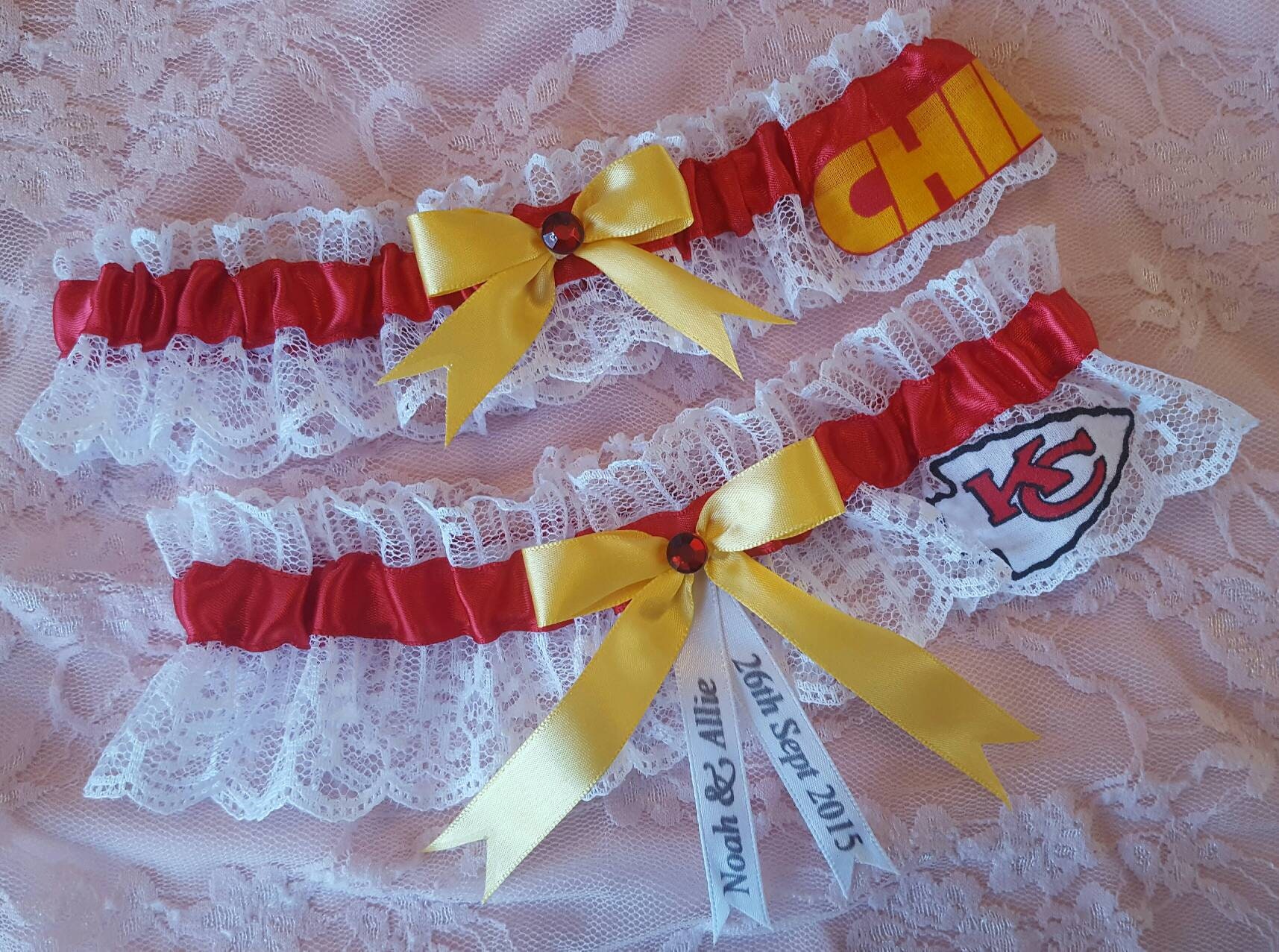 KC Kansas City Chiefs red white gold print duck fabric handmade bridal prom black organza wedding keepsake garter with football charm Customizable 