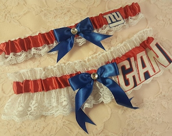 New York NY Giants Football Inspired Wedding Bridal Garter Belt Set w/ White Lace