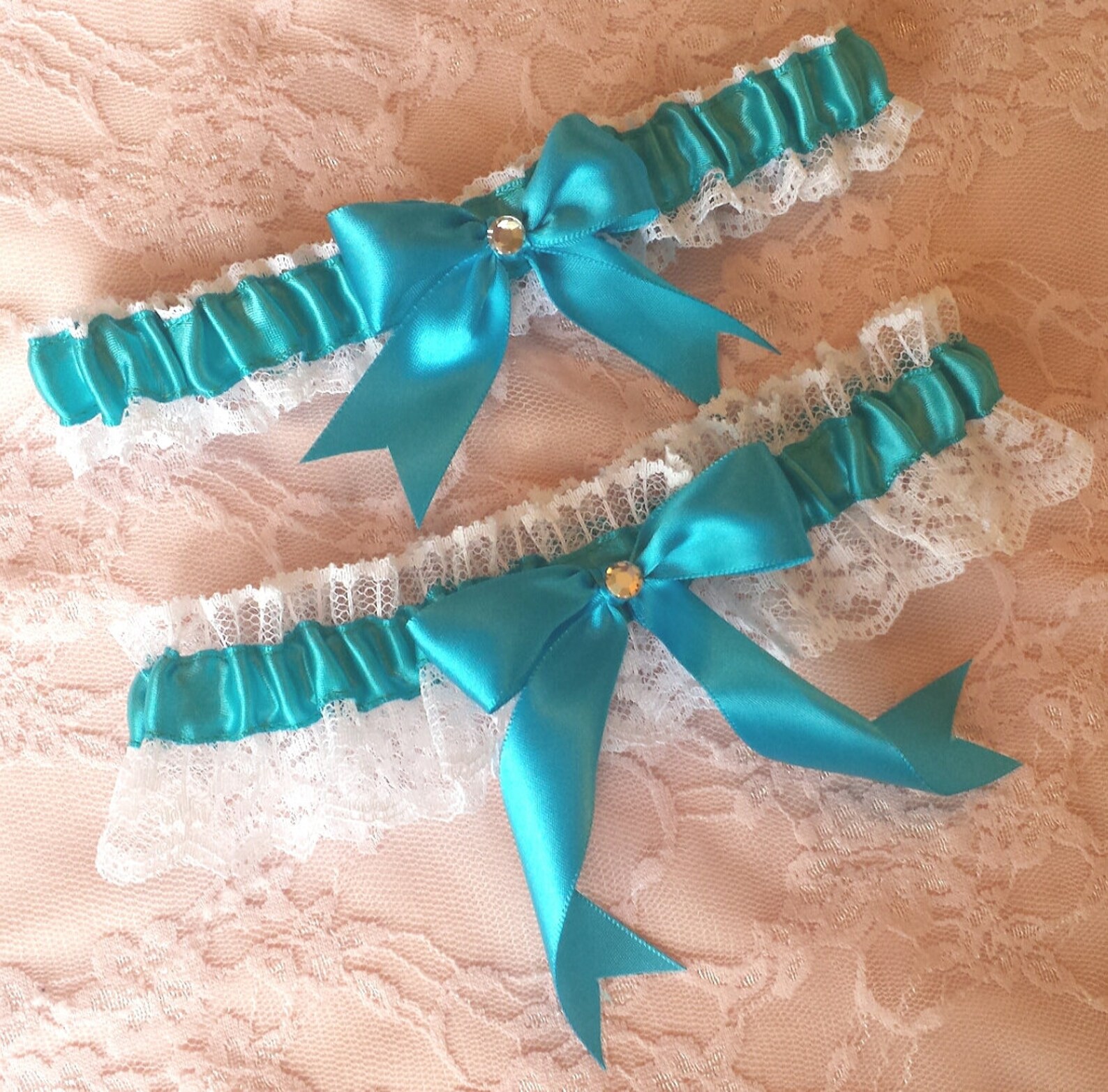Turquoise & White Lace Wedding Garter Belt Set W/ Rhinestone Etsy