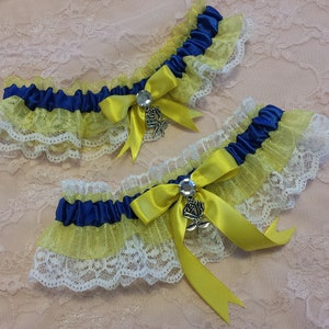 Royal Blue, Yellow & White Lace Beauty and the Beast Inspired Rose Charm Wedding Garter Belt Set