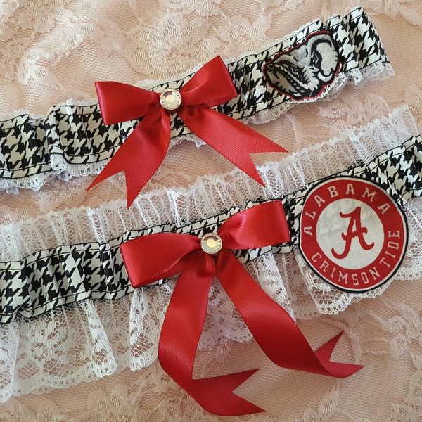 University of Alabama Inspired Houndstooth Wedding Garter Belt Toss Keepsake or 2 Pc Set White Lace