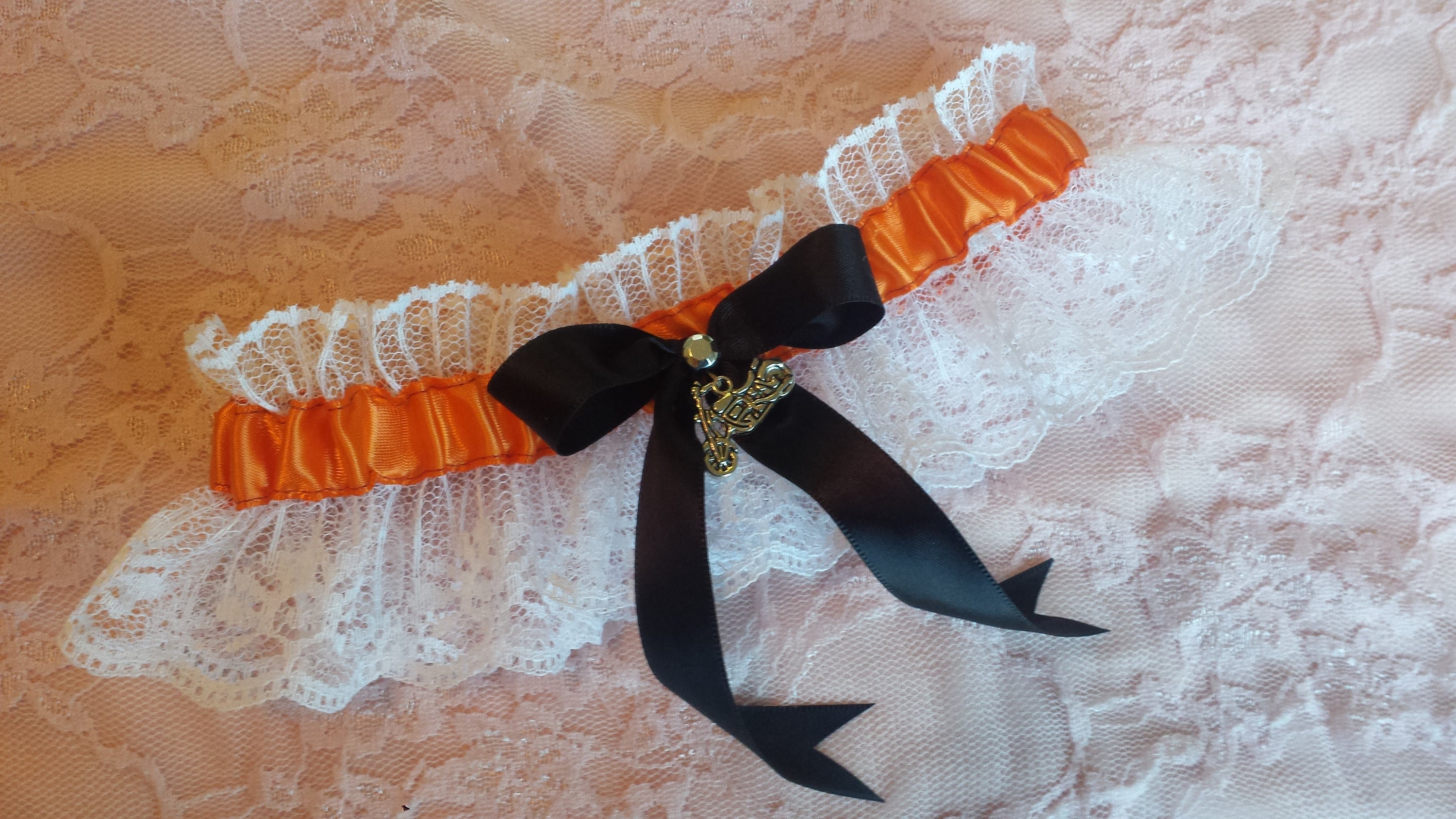 Harley Davidson Inspired Biker Wedding Garter Belt W/ White Lace & Stud  Orange and Black Toss or Set