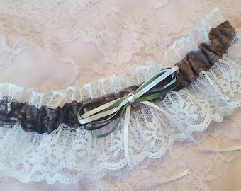 Camo Camouflage Realtree Inspired Wedding Garter Belt or 2pc Set w/ White Lace & Gemstone
