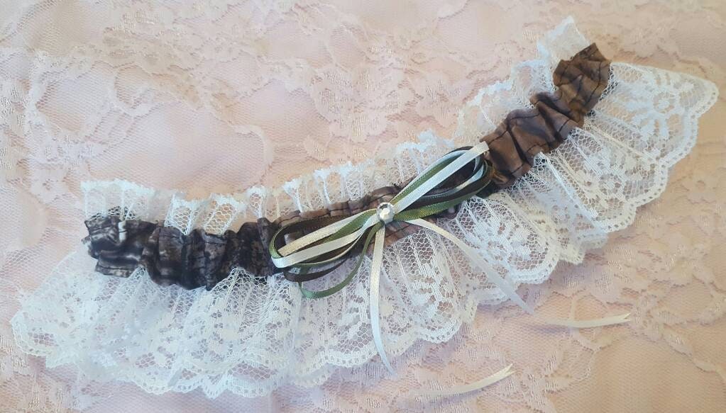 Camo Camouflage Realtree Inspired Wedding Garter Belt or 2pc Set w/ White Lace & Gemstone