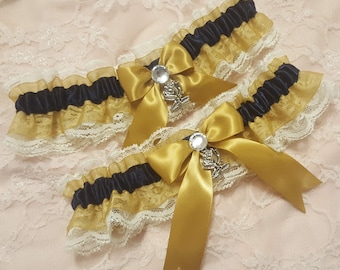 Navy Blue, Gold & Ivory Lace Beauty and the Beast Inspired Rose Charm Wedding Garter Belt Set