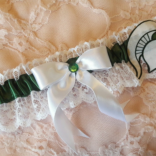 Michigan State Spartans MSU Inspired Wedding Garter Belt Toss or Set w/ White Lace Go Green