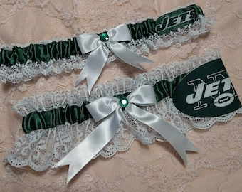 New York Jets Inspired White Lace Football Wedding Garter Belt Set