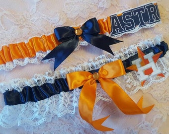 Houston Astros Inspired Baseball Wedding Garter Belt Set w/ White Lace Handcrafted