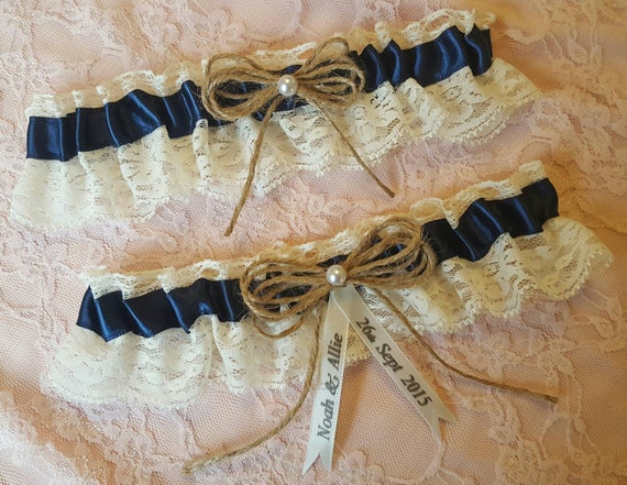 Navy Blue Vintage Rustic Lace Wedding Garter Belt Set w/ Pearls & Burlap Twine Ivory Winter White Victorian Dark Midnight