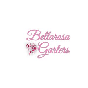 May include: Pink logo with the text "Bellarosa Garters" in a cursive font. A stylized pink rose is to the left of the text.