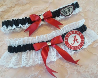 Alabama Crimson Tide Inspired Apple Red & Black White Lace Wedding Garter Belt Set University