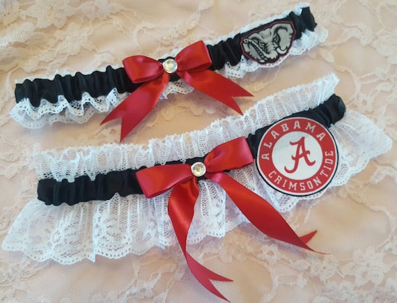 Alabama Crimson Tide Inspired Apple Red & Black White Lace Wedding Garter Belt Set University