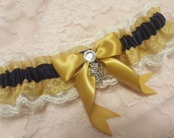 Beauty and the Beast Inspired Rose Charm Wedding Leg Garter Belt Toss or Set Navy Blue Gold Ivory