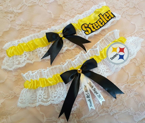 Pittsburgh Steelers Football Inspired Wedding Bridal Garter Belt Set w/  White Lace
