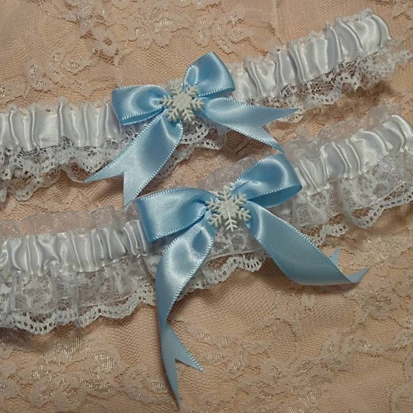 Light Baby Blue and White Snowflake Lace Wedding Garter Belt Toss or Set Winter Charm Snow Themed