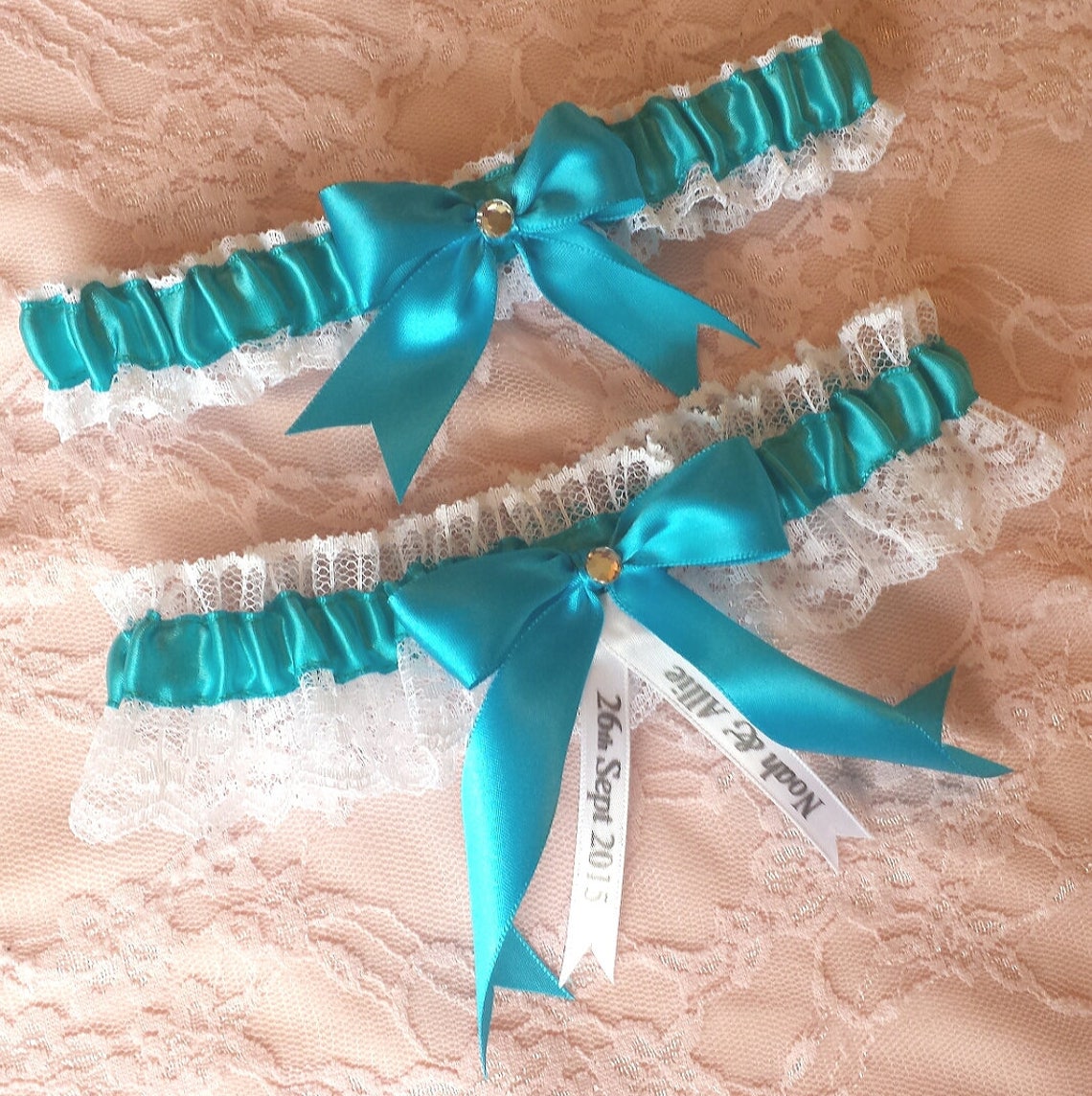 Turquoise & White Lace Wedding Garter Belt Set W/ Rhinestone Etsy