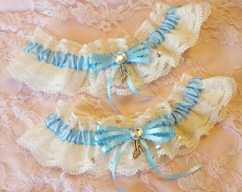 Cinderella Slipper Light Baby Blue & Ivory Princess Lace Wedding Garter Belt Set