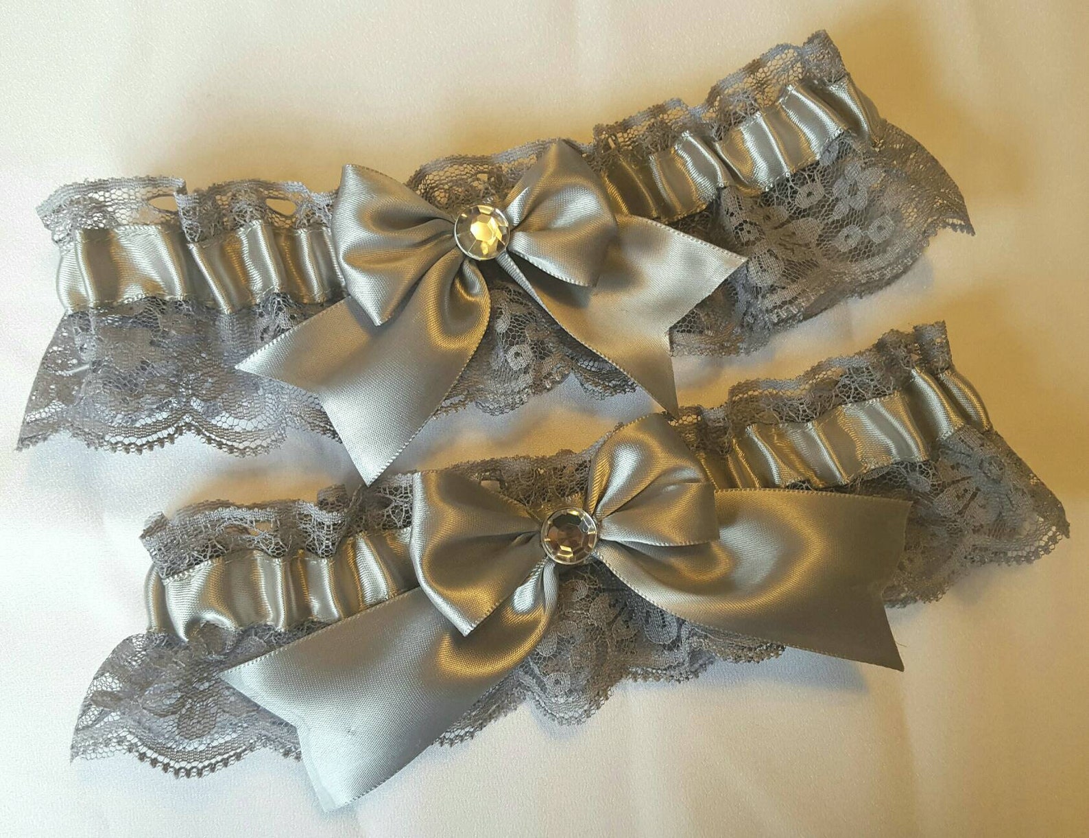 Grey Satin & Lace Wedding Garter Belt Set W/ Rhinestone Toss Etsy