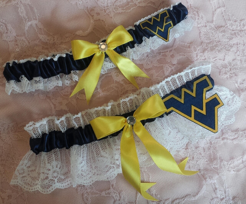 West Virginia University Mountaineers WVU Inspired White Lace Wedding Garter Belt Set