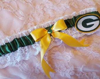 Green Bay Packers Inspired Wedding Garter Belt w/ White Lace Toss or Set Green Yellow