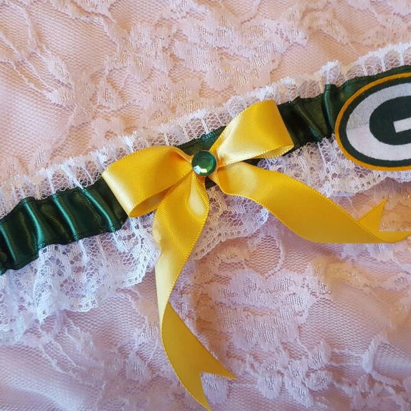 Green Bay Packers Inspired Wedding Garter Belt w/ White Lace Toss or Set Green Yellow