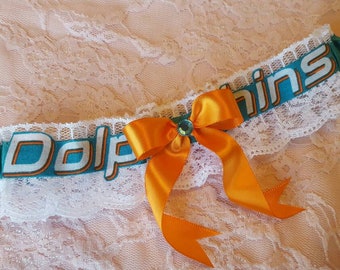 Miami Dolphins Inspired Wedding Bridal Garter Belt Toss or Set w/ White Lace