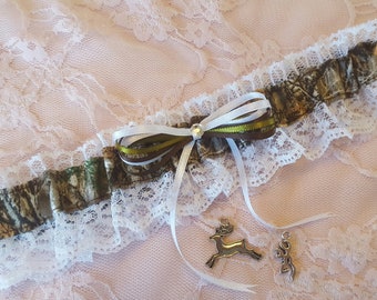 Deer Hunting Camo Camouflage White Lace Wedding Garter or 2pc Set