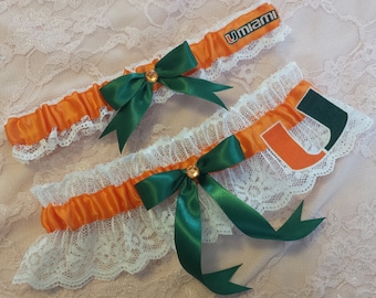 Orange and Dark Green Miami Hurricanes University Inspired White Lace Wedding Garter Belt Set