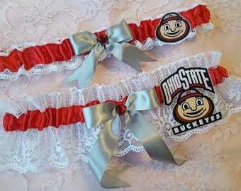 Red & Grey Ohio State Buckeyes OSU Inspired Wedding Garter Belt Set White Lace