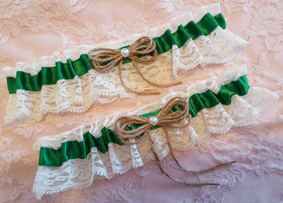 green garter belt set Emerald Green Wedding Garter Belt Set w/ Ivory Lace Pearl & Burlap Twine