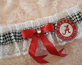 University of Alabama Hounds Tooth Inspired White Lace Wedding Garter Belt Toss or Set