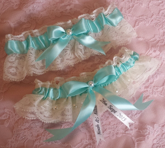 Mint Blue & Ivory Lace Wedding Garter Belt Set W/ Pearls