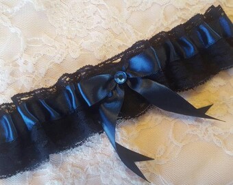 Navy Blue Satin & Lace Wedding Garter Belt Set W/ Rhinestone | Etsy