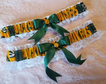 Handcrafted Wedding Garter Belt w/ White Lace 2pc Set Made with Green Bay Packers Fabric