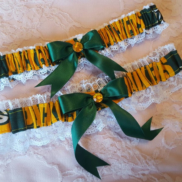 Handcrafted Wedding Garter Belt w/ White Lace 2pc Set Made with Green Bay Packers Fabric