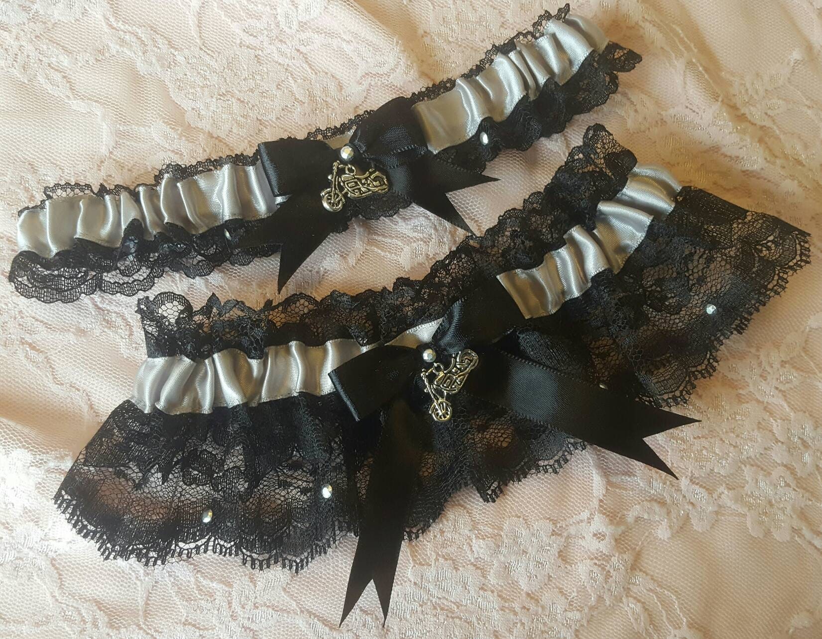 Harley Davidson Inspired Biker Wedding Garter Belt Set W/ Black Lace &  Studs