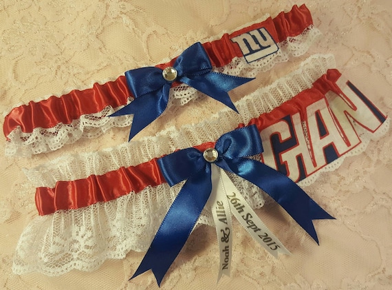 New York NY Giants Football Inspired Wedding Bridal Garter Belt Set w/ White Lace