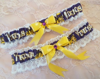 Minnesota Vikings Wedding Garter Belt Set Handcrafted Purple and Yellow w/ White Lace Football