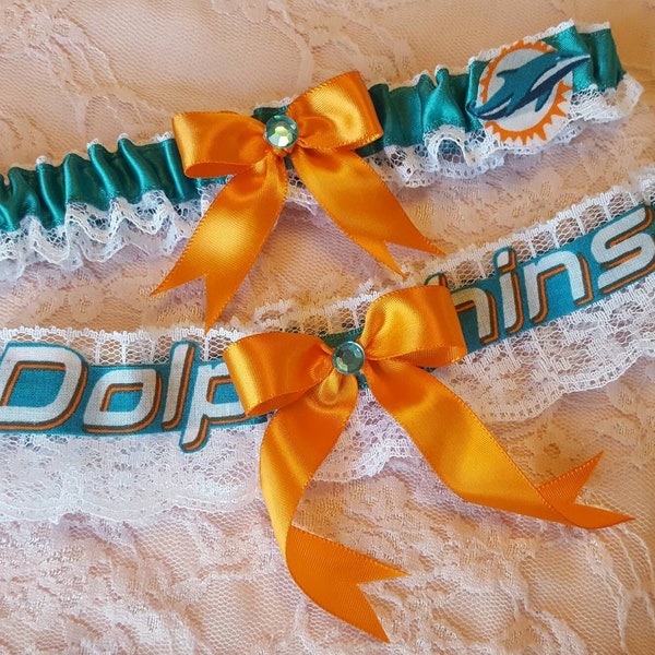 Miami Dolphins Football Inspired Wedding Bridal Garter Belt Set w/ White Lace