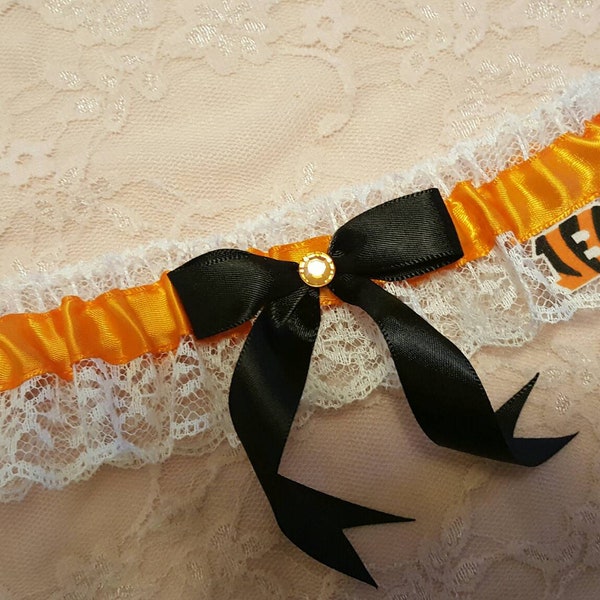 Cincinnati Bengals Inspired White Lace Football Wedding Garter Belt Toss or Set