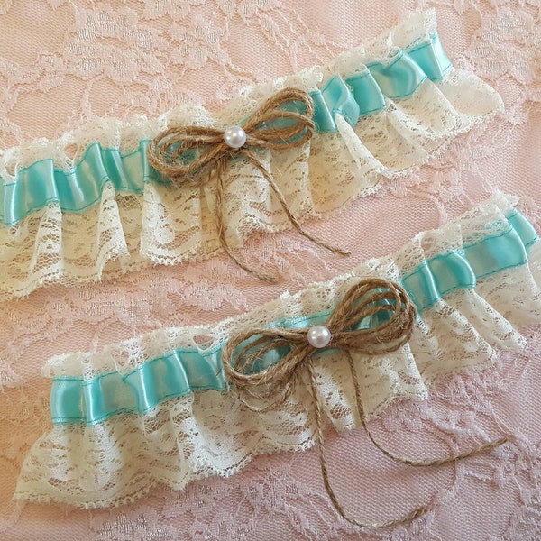 Mint Blue Vintage Rustic Lace Wedding Garter Belt Set w/ Pearls & Burlap Twine Ivory Winter White Victorian