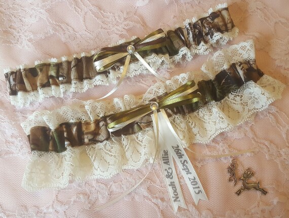 Hunting Camo Camouflage Realtree Wedding Garter Belt Set w/ Ivory Lace & Rhinestone