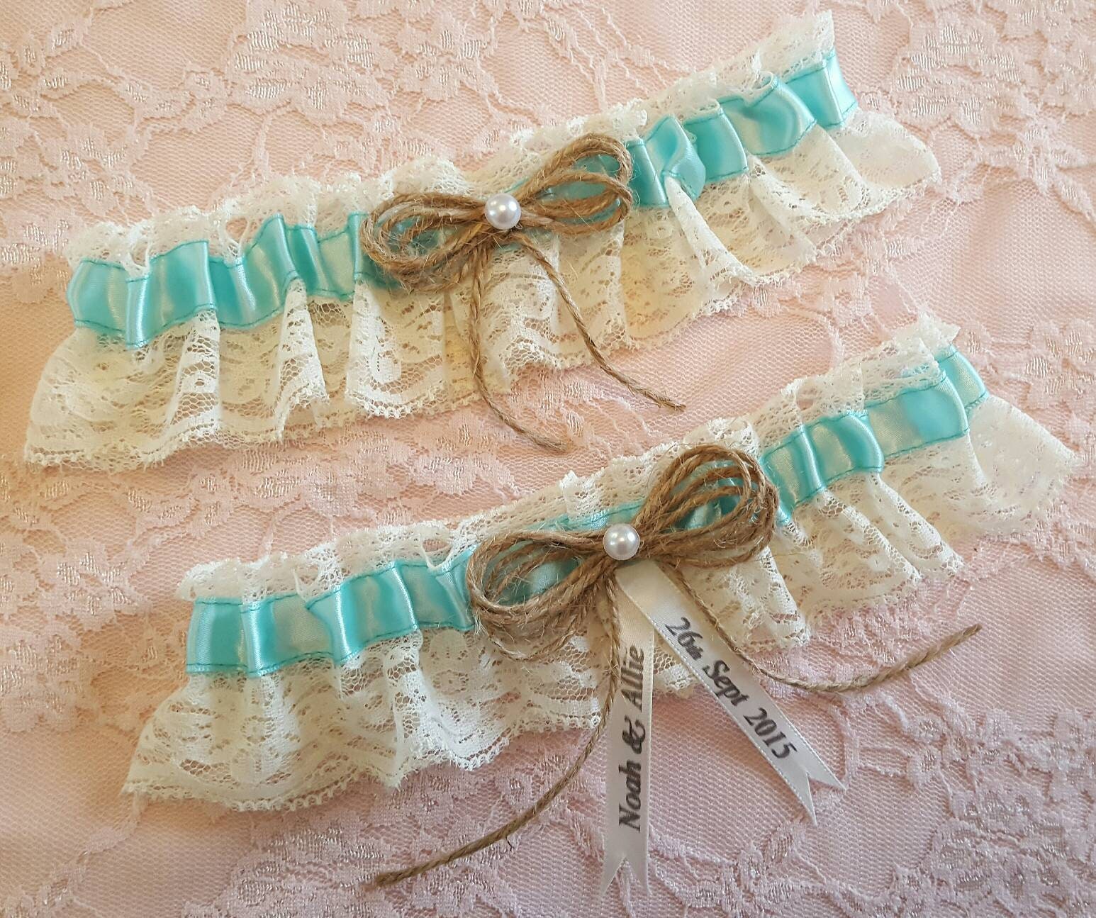 Mint Blue Wedding Garter Belt Toss or Set Vintage Rustic Lace w/ Pearls & Twine