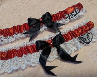 University of Alabama Inspired Wedding Leg Garter Belt 2pc Set White Lace