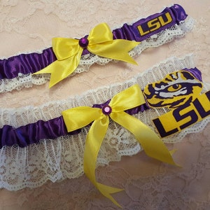 Louisiana State University LSU Inspired White Lace Wedding Garter Belt Set