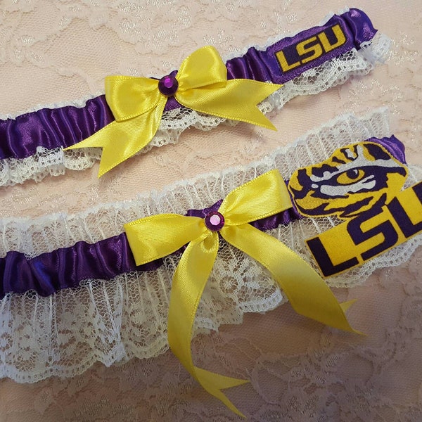 Louisiana State University LSU Inspired White Lace Wedding Garter Belt Toss or Set